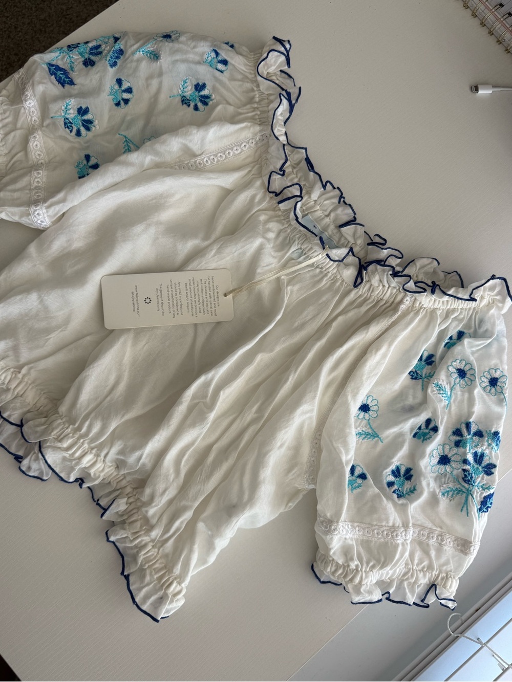 NWT TAJ by Sabrina Crippa Silk Cotton Embroidered Blouse Off Shoulder Blue White